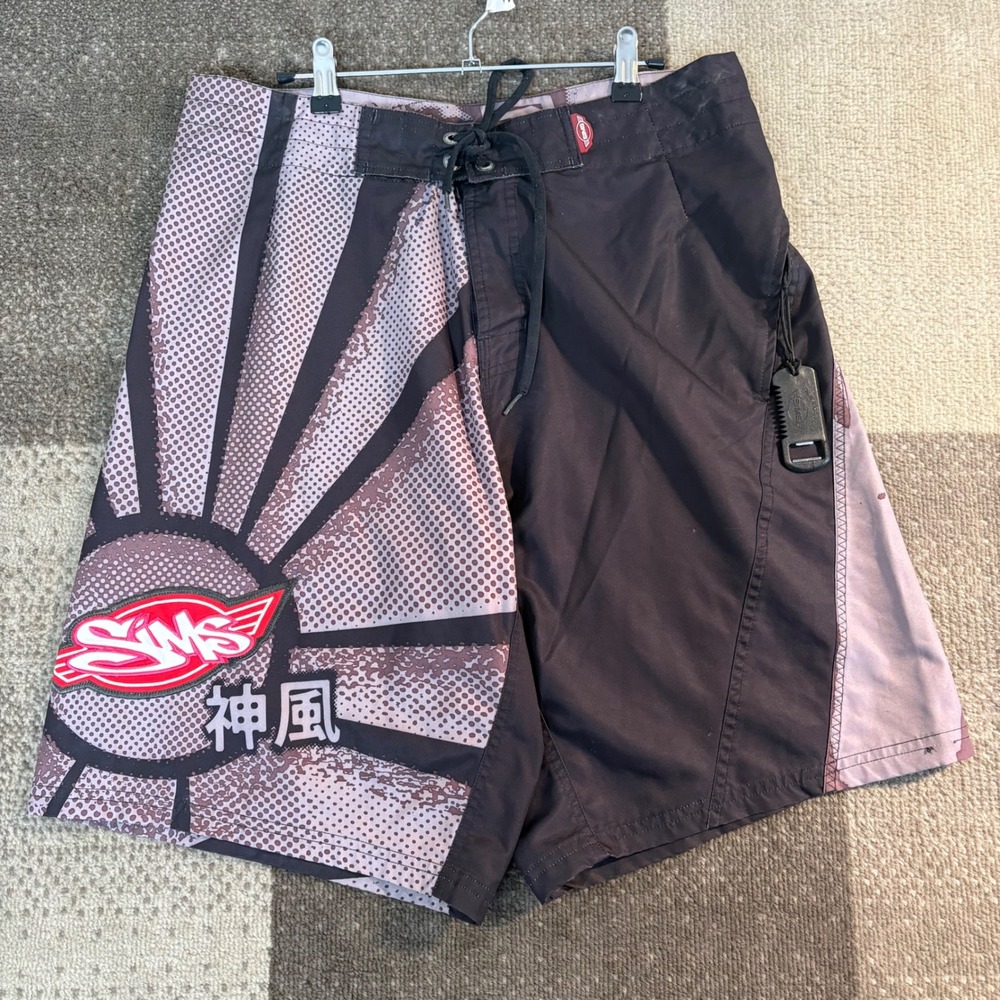 Sims Mens Board Shorts Black Purple Graphic Sunburst Japanese Rising Sun 34